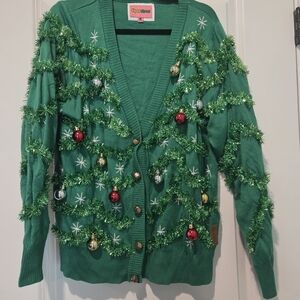Tipsy Elves Festive Green Cardigan with Ornaments